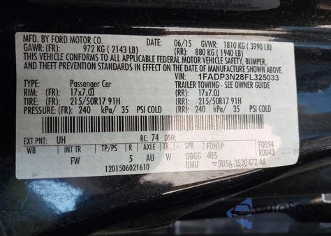 2015 Ford Focus Titanium z USA, uszkodzony, nr VIN 1FADP3N28FL325033